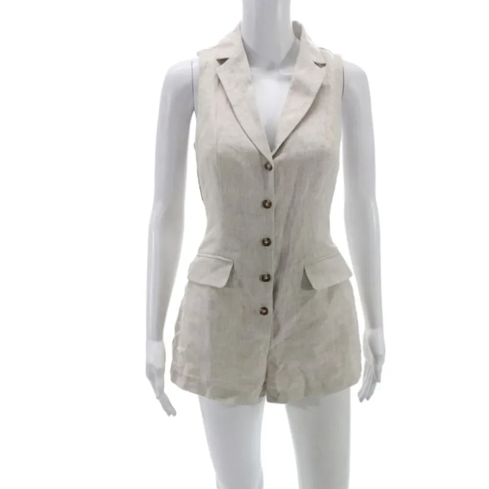 Reformation Women Romper Beige Linen Sleeveless Collared Button Size 0